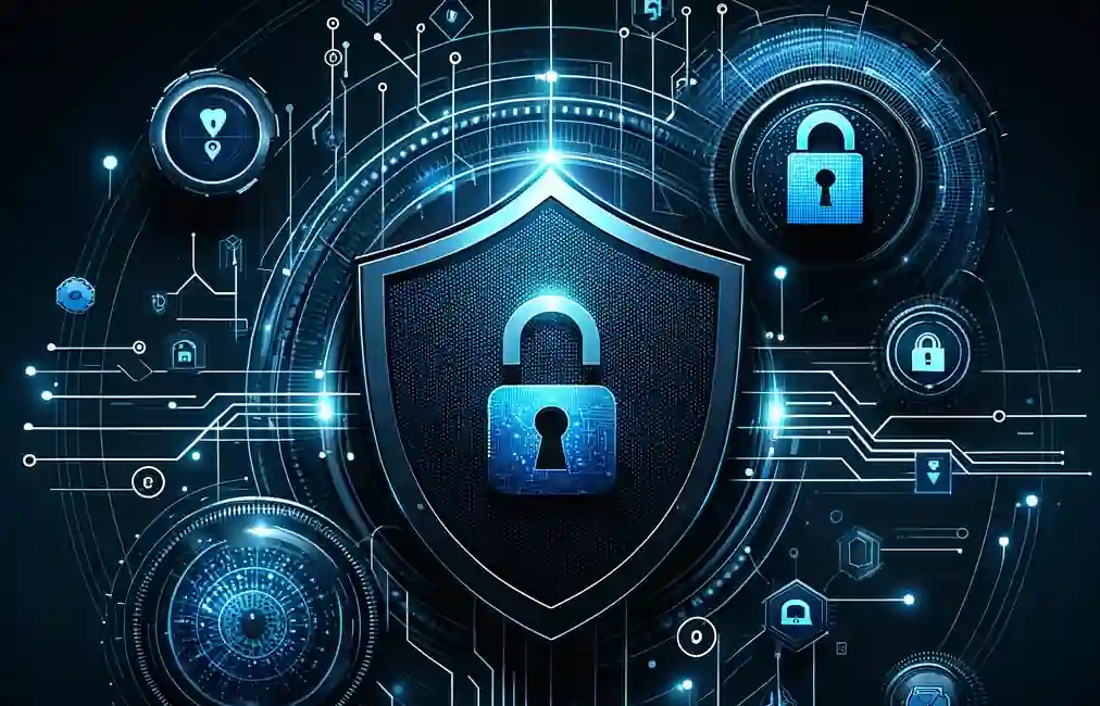 Glowing central security shield with padlock and circuit board graphics.