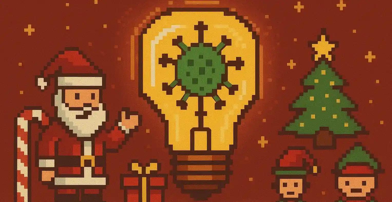 Festive pixel art with Santa Claus, Christmas elements, and a virus inside a lightbulb.