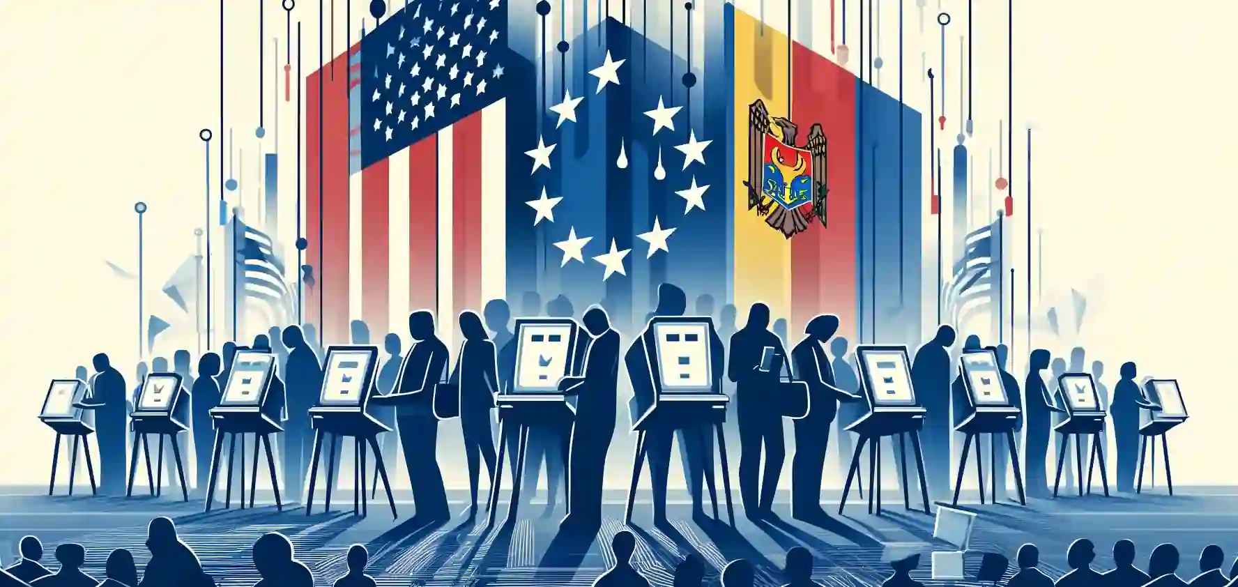 Abstract illustration of voters at electronic voting kiosks with international flags and circuit patterns.