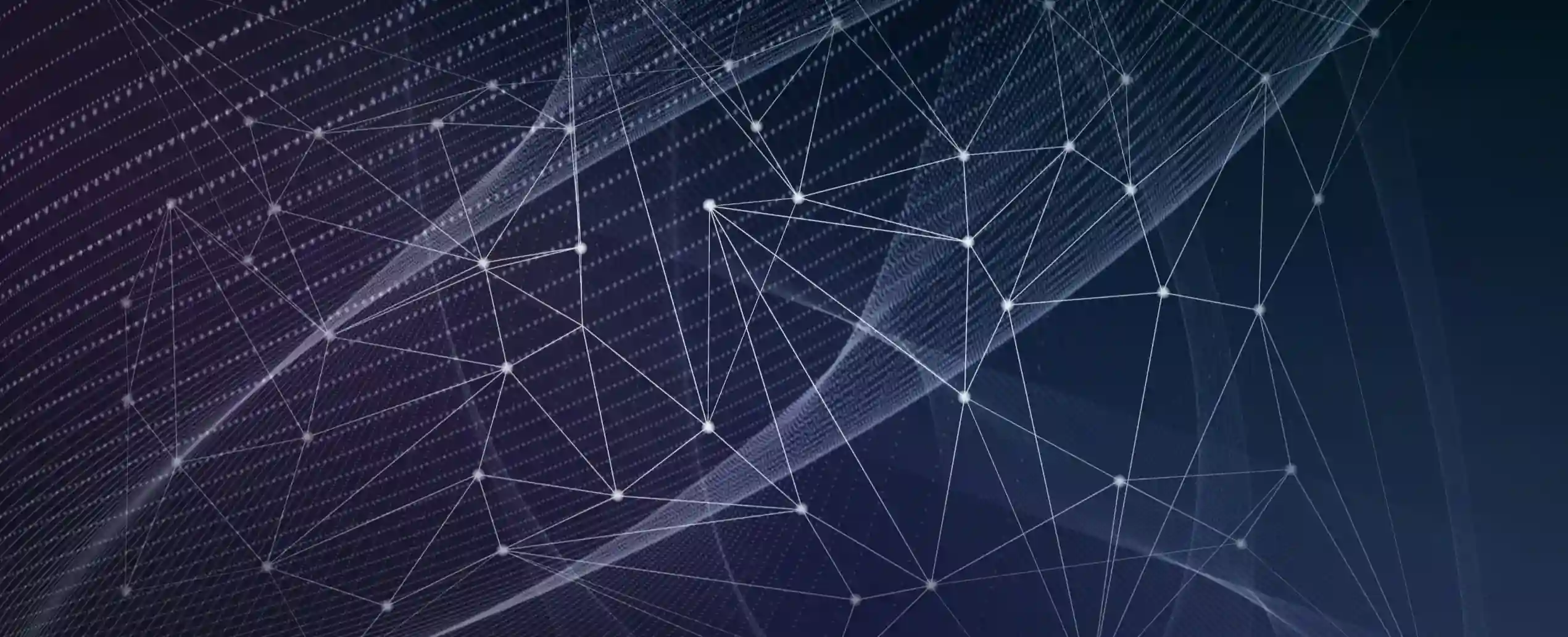 Abstract network connections with flowing digital wave patterns on a dark blue background.