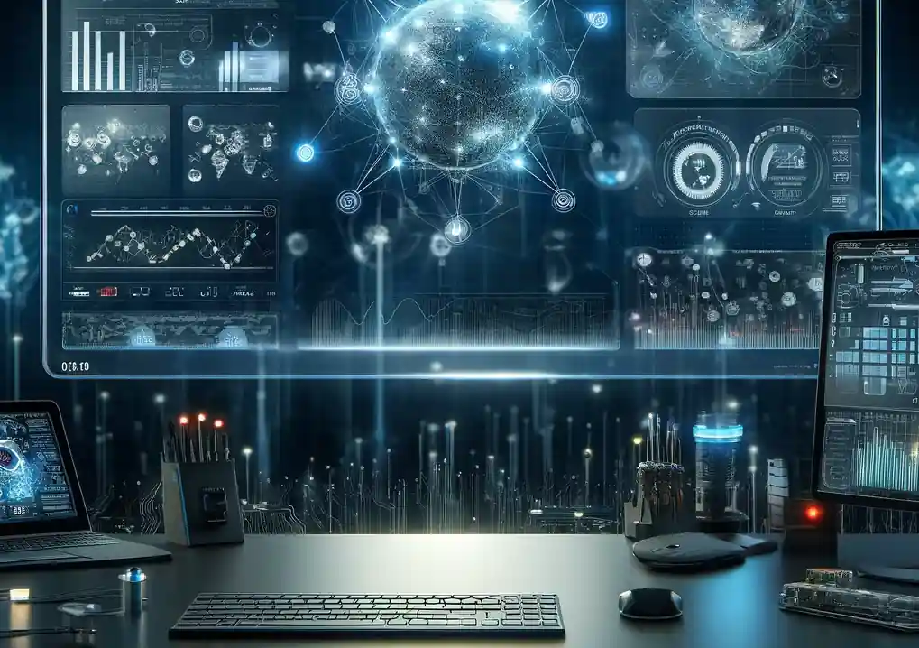 High-tech workstation displaying a transparent SOC security dashboard screen.