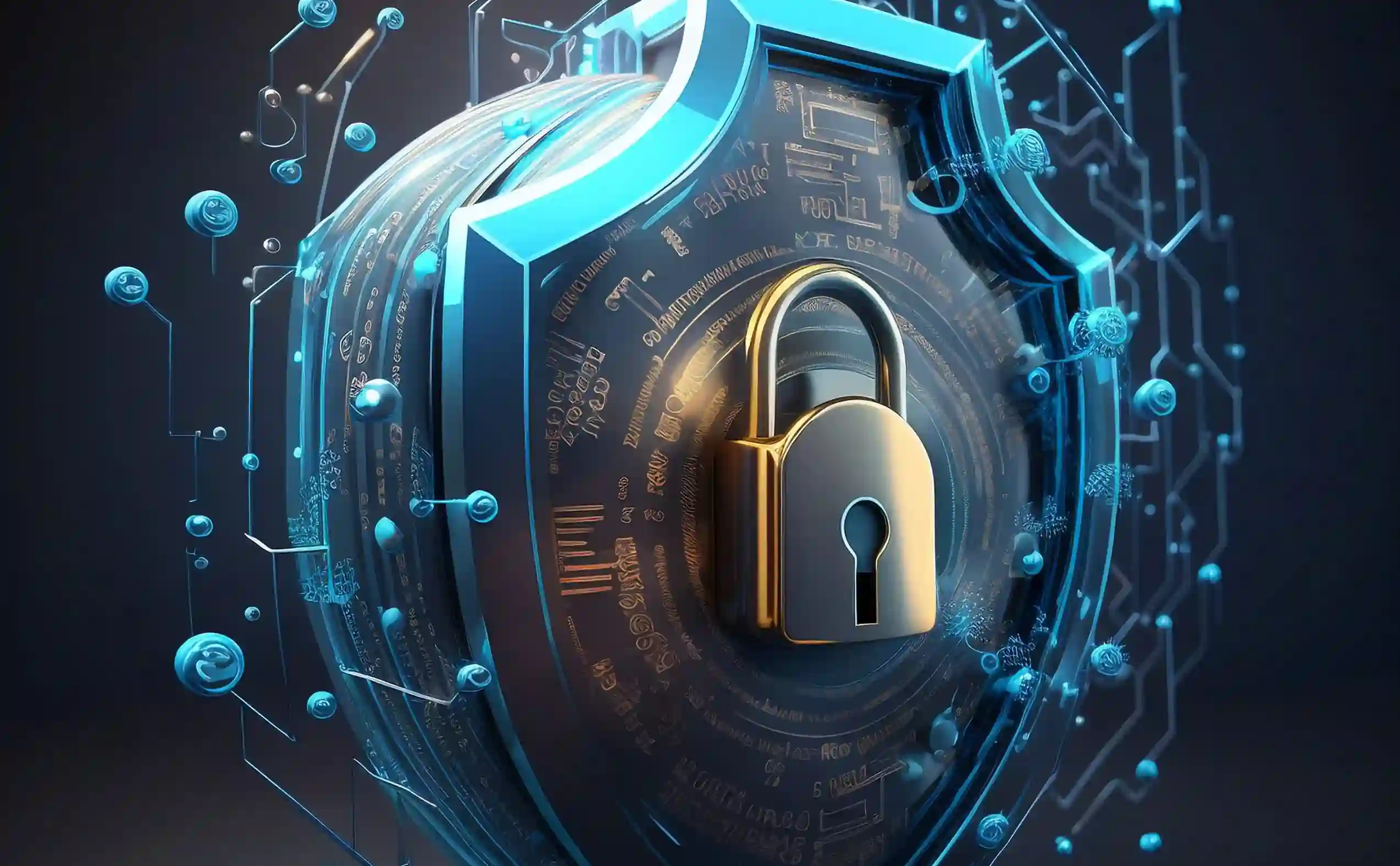 Metallic gold padlock and blue security shield with digital circuit nodes.