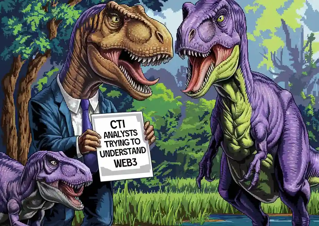 Meme illustration of a suit-wearing T-Rex holding a sign about CTI analysts and Web3.