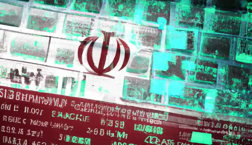 Concise (Best for web accessibility) Abstract cybersecurity graphic featuring the emblem of Iran overlaid on a keyboard and brick wall with green glitch effects and digital code. Detailed (Best for context-rich descriptions) An abstract digital artwork representing Iranian cyber threat intelligence. The national emblem of Iran appears in red in the center, superimposed on a computer keyboard and brick wall background with heavy green glitch effects, glowing digital artifacts, and code-like characters running along the bottom. Short/Decorative (Best for quick labeling) Iranian emblem with digital glitch and cyber code overlays.