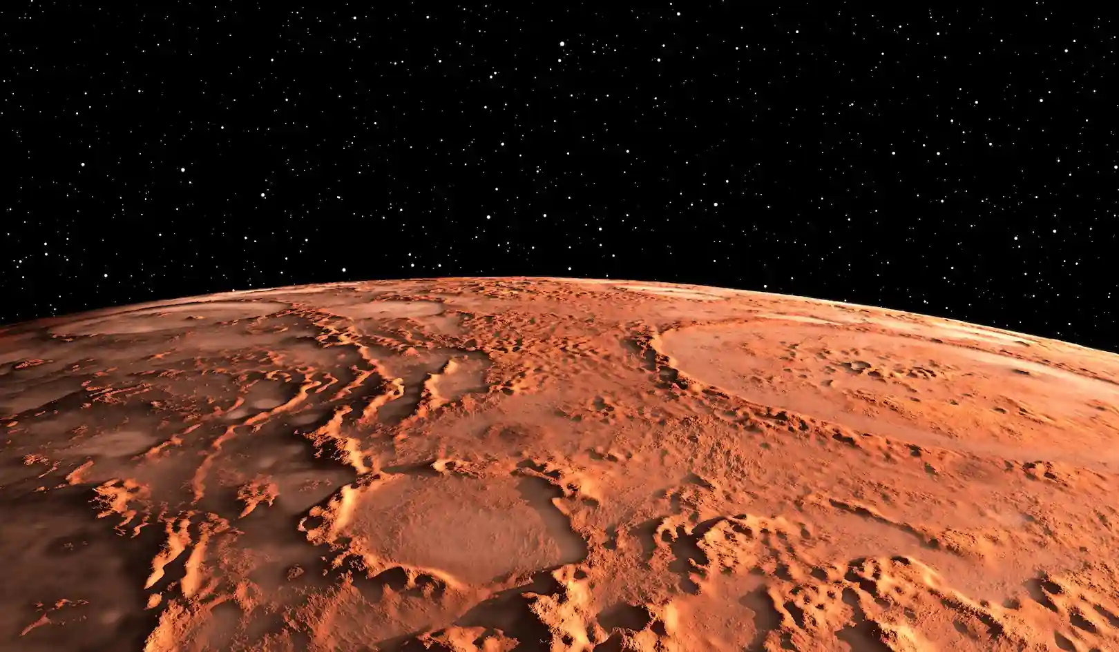 Concise (Best for web accessibility)  High-altitude view of the reddish, cratered surface of Mars curving against a dark starry space background.  Detailed (Best for context-rich descriptions)  Wide-angle 3D rendering showing the horizon and surface of Mars from orbit. The reddish-orange, dusty terrain is covered with rugged impact craters, ridges, and valleys, contrasting with the pitch-black void of outer space filled with distant stars.  Short/Decorative (Best for quick labeling)  Curving cratered surface of Mars against a starry space background.