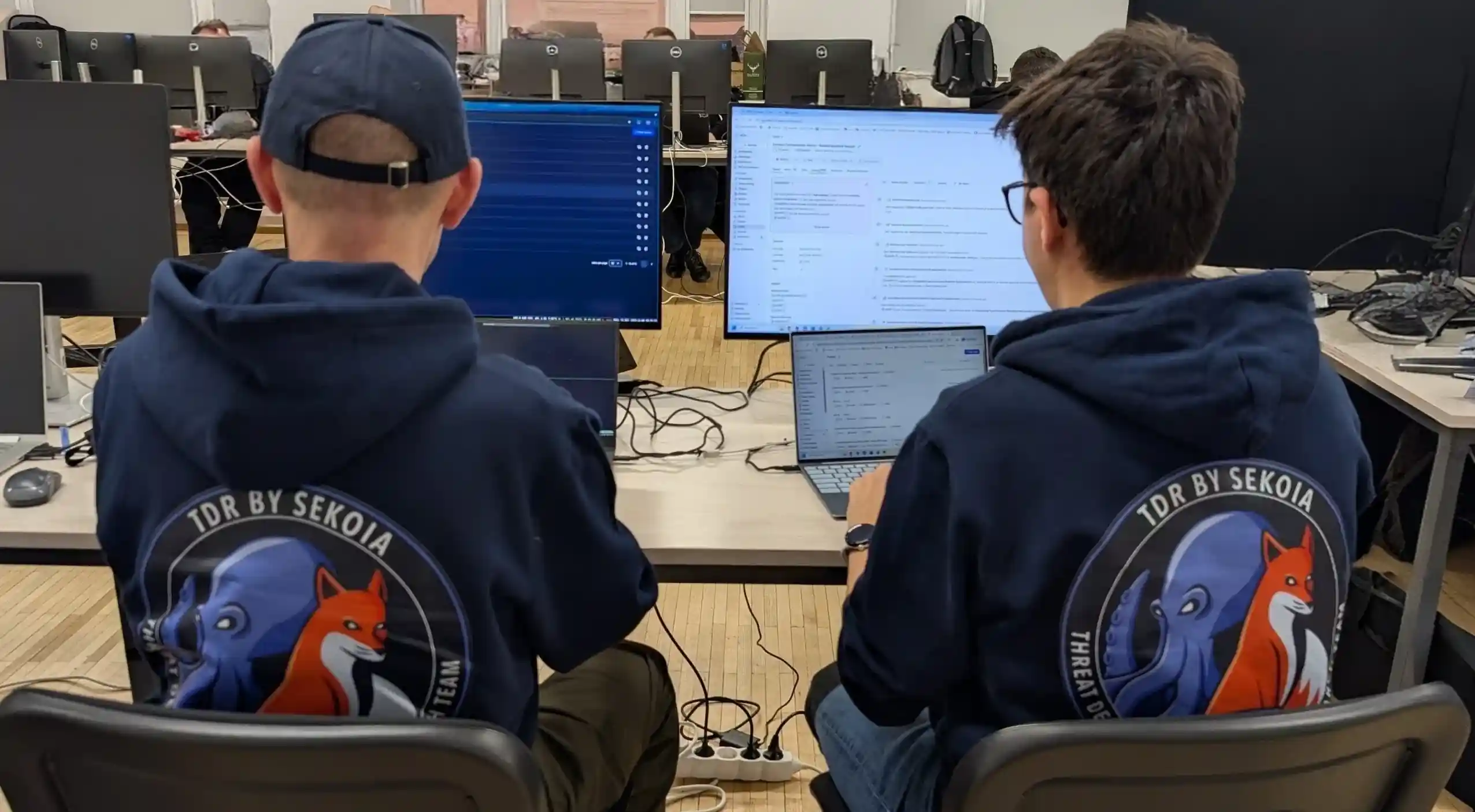 Two analysts wearing Sekoia hoodies working at computer screens.