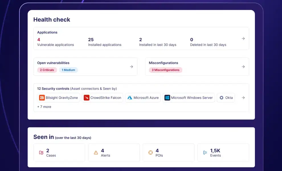 Cybersecurity Health Check dashboard interface showing system vulnerability metrics.