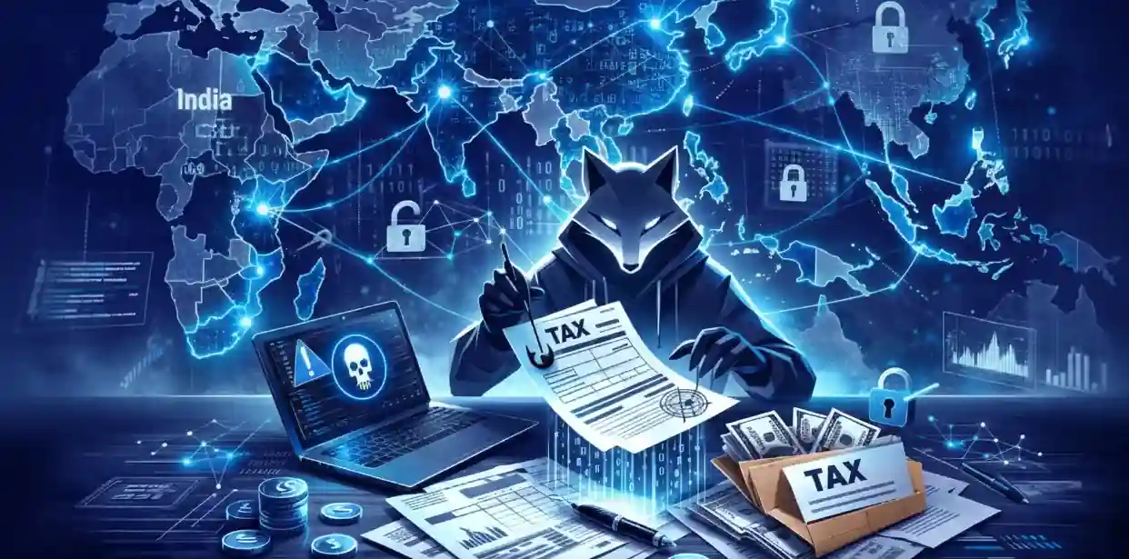 Hooded wolf-masked hacker holding a tax-themed phishing document over a digital world map.