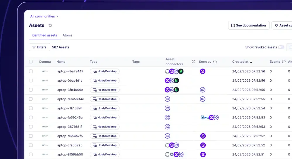 Cybersecurity asset inventory dashboard table listing identified network hosts.