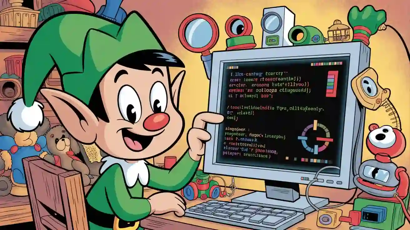 Cartoon elf pointing at a computer screen displaying code in a workshop.