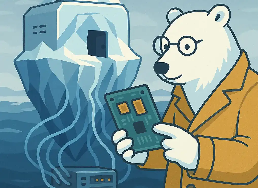 Polar bear examining a circuit board in front of an iceberg server.