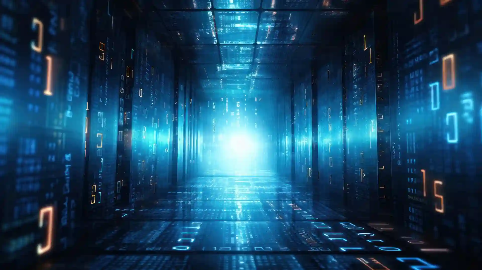 Futuristic glowing blue server corridor with digital code streams.