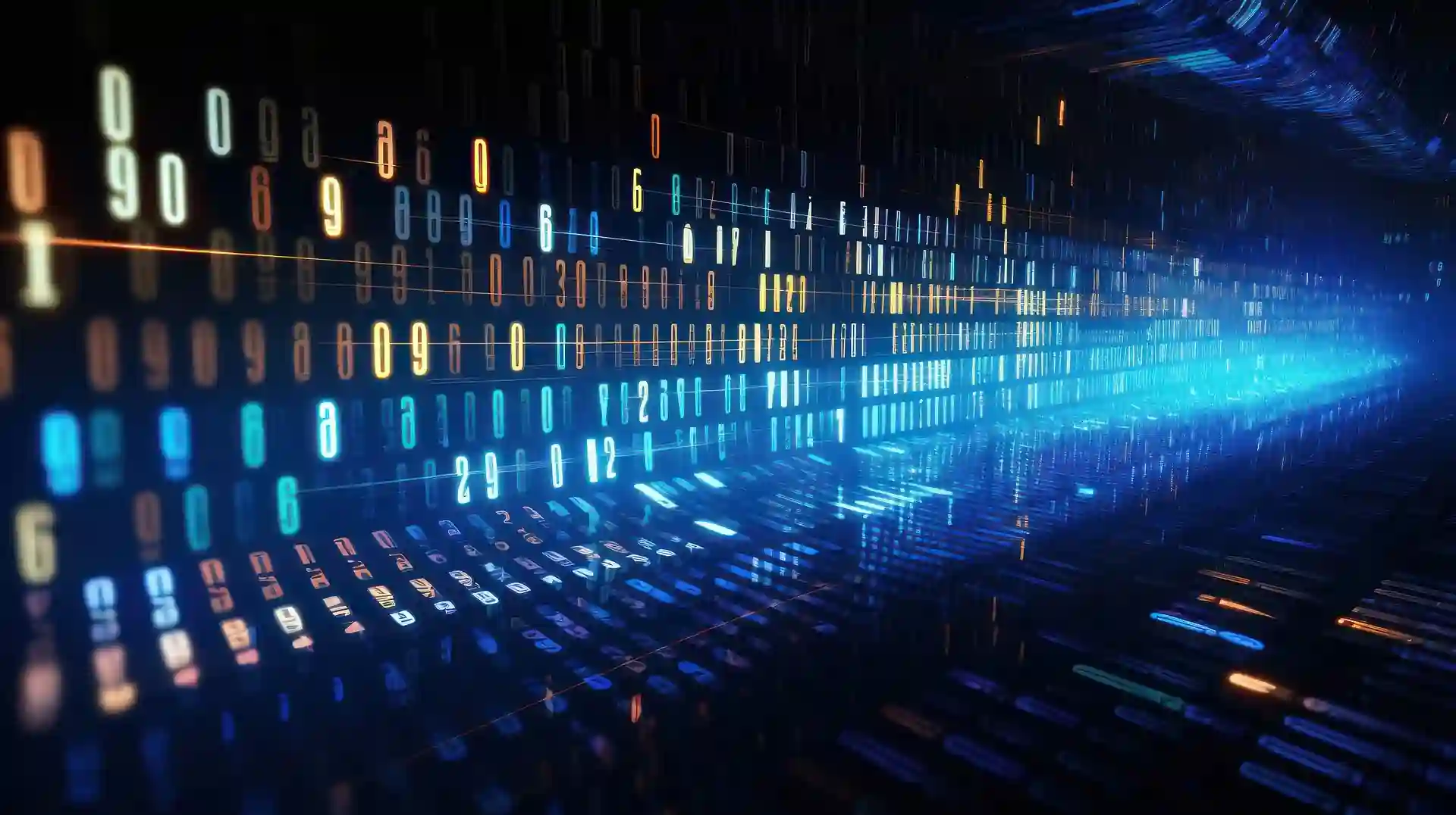 Abstract stream of glowing digital numbers and data code.