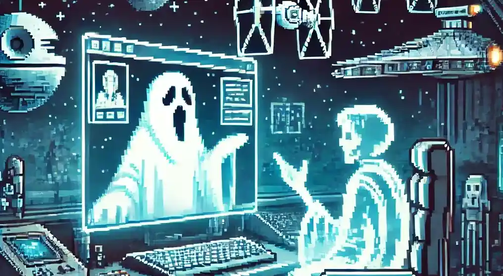 Concise (Best for web accessibility) Pixel art illustration of a user on a video call with a ghost-like figure, set against a sci-fi space background with Star Wars-inspired elements. Detailed (Best for context-rich descriptions) Pixelated sci-fi illustration showing a glowing figure sitting at a computer workstation, having a video conference call. The monitor displays a ghostly, screaming phantom figure inside the video call window. The background features outer space elements, including TIE fighters, a Star Destroyer, and the Death Star. Short/Decorative (Best for quick labeling) Pixel art video call with a ghost figure in a sci-fi space setting.
