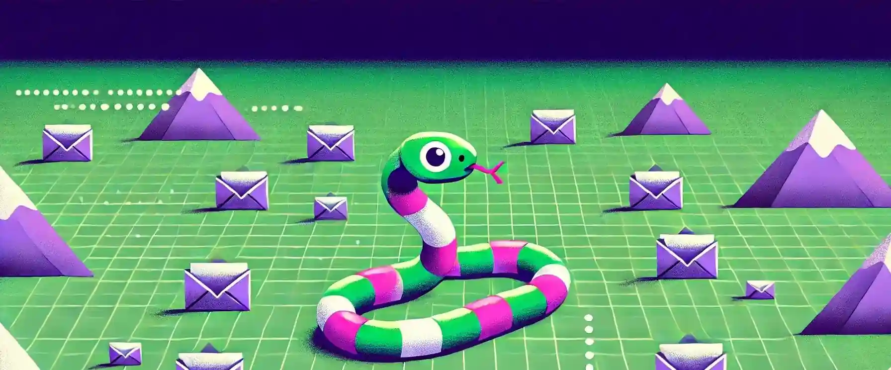 Striped snake surrounded by email envelopes on a digital grid landscape.