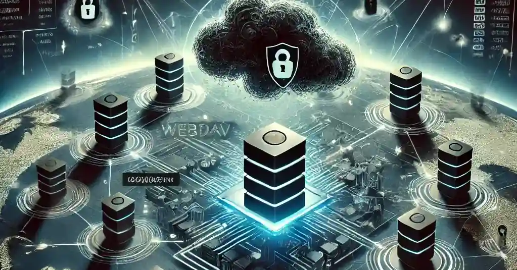 Network of server towers connected to a cloud security node over a global map.