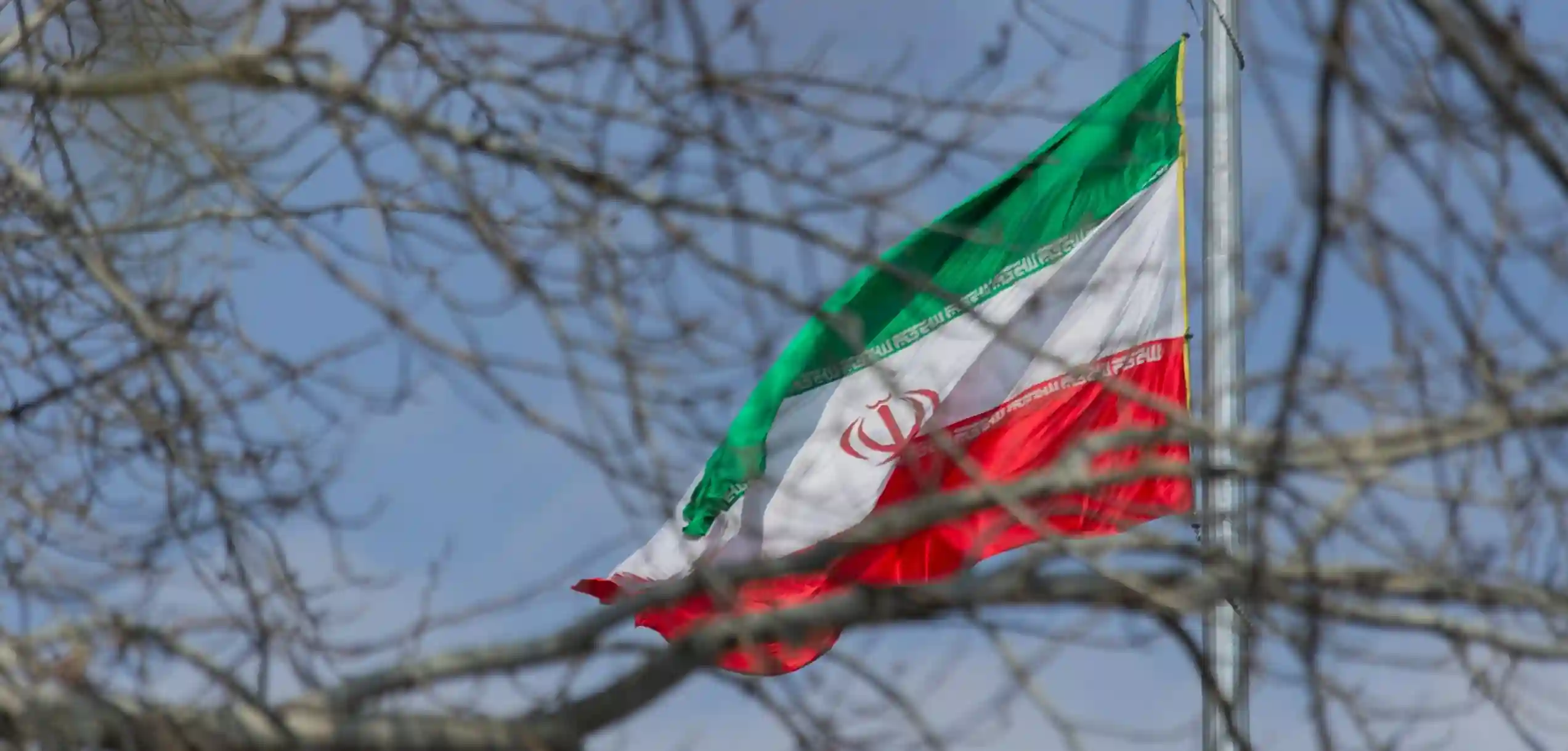 Iranian flag waving behind bare tree branches under a blue sky.