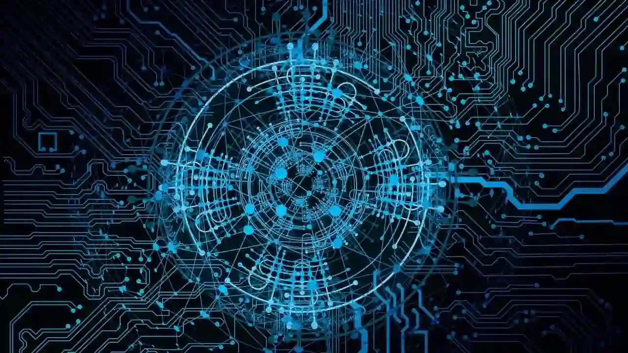 Glowing blue digital network sphere on a circuit board background.