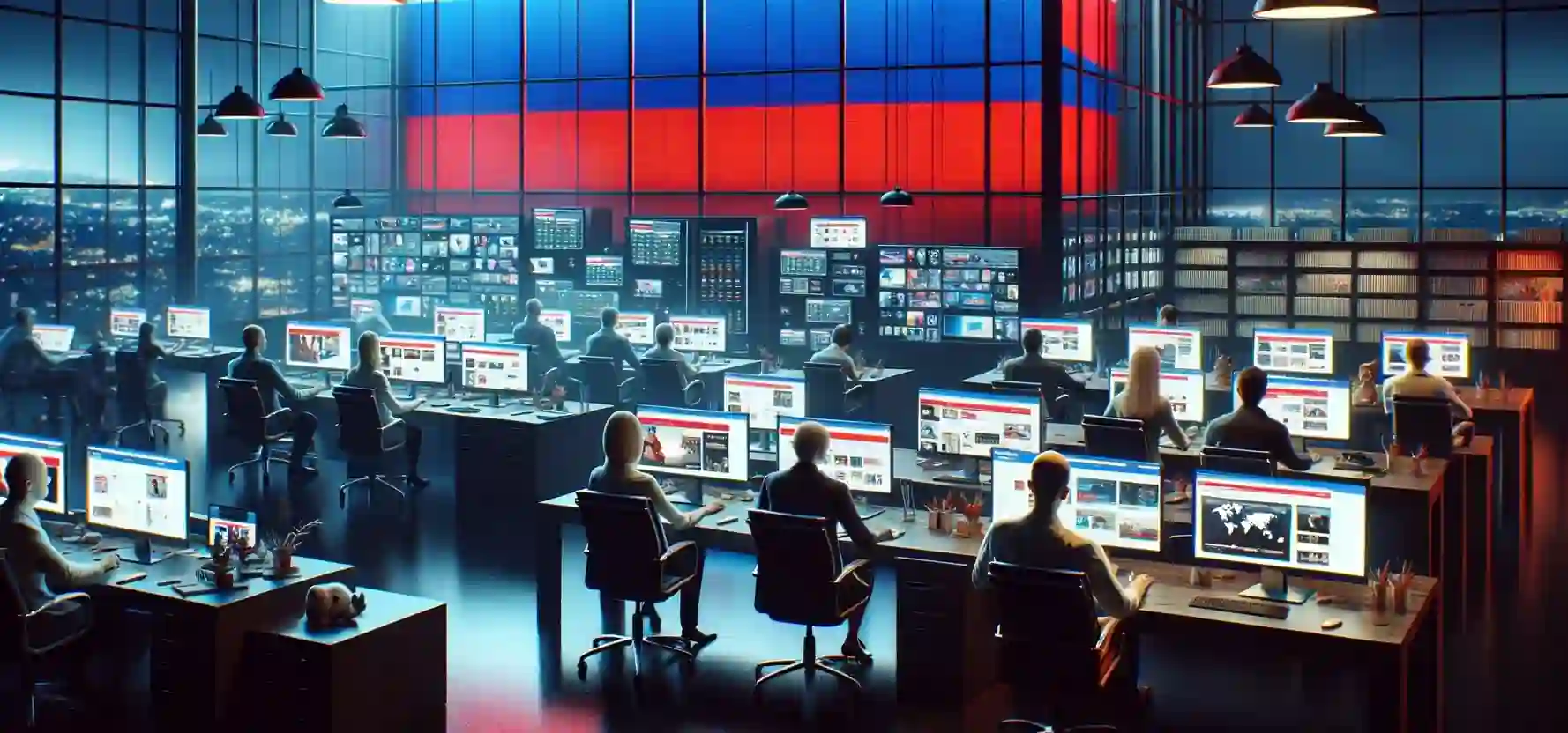 Cybersecurity operations center with operators working beneath a large illuminated Russian flag backdrop.