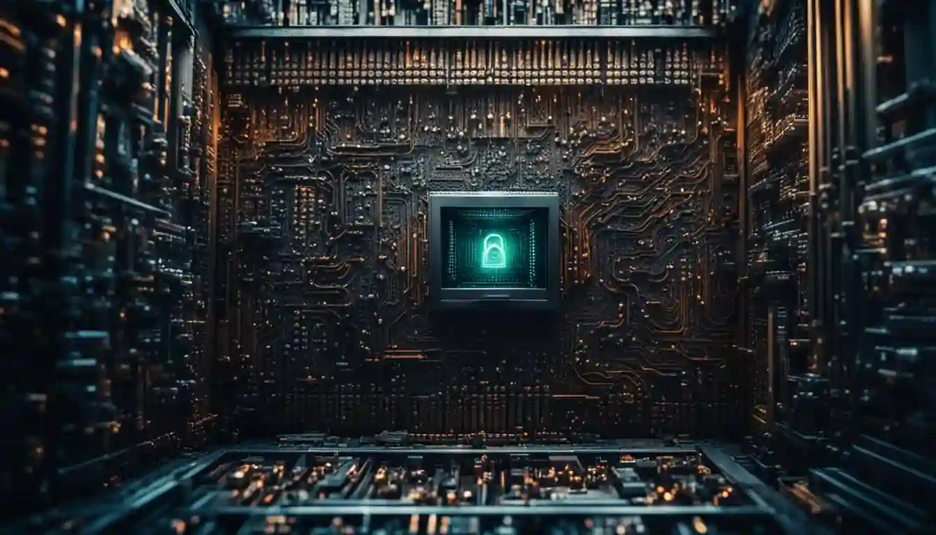 Central microchip with a glowing green padlock icon on a dark circuit board.
