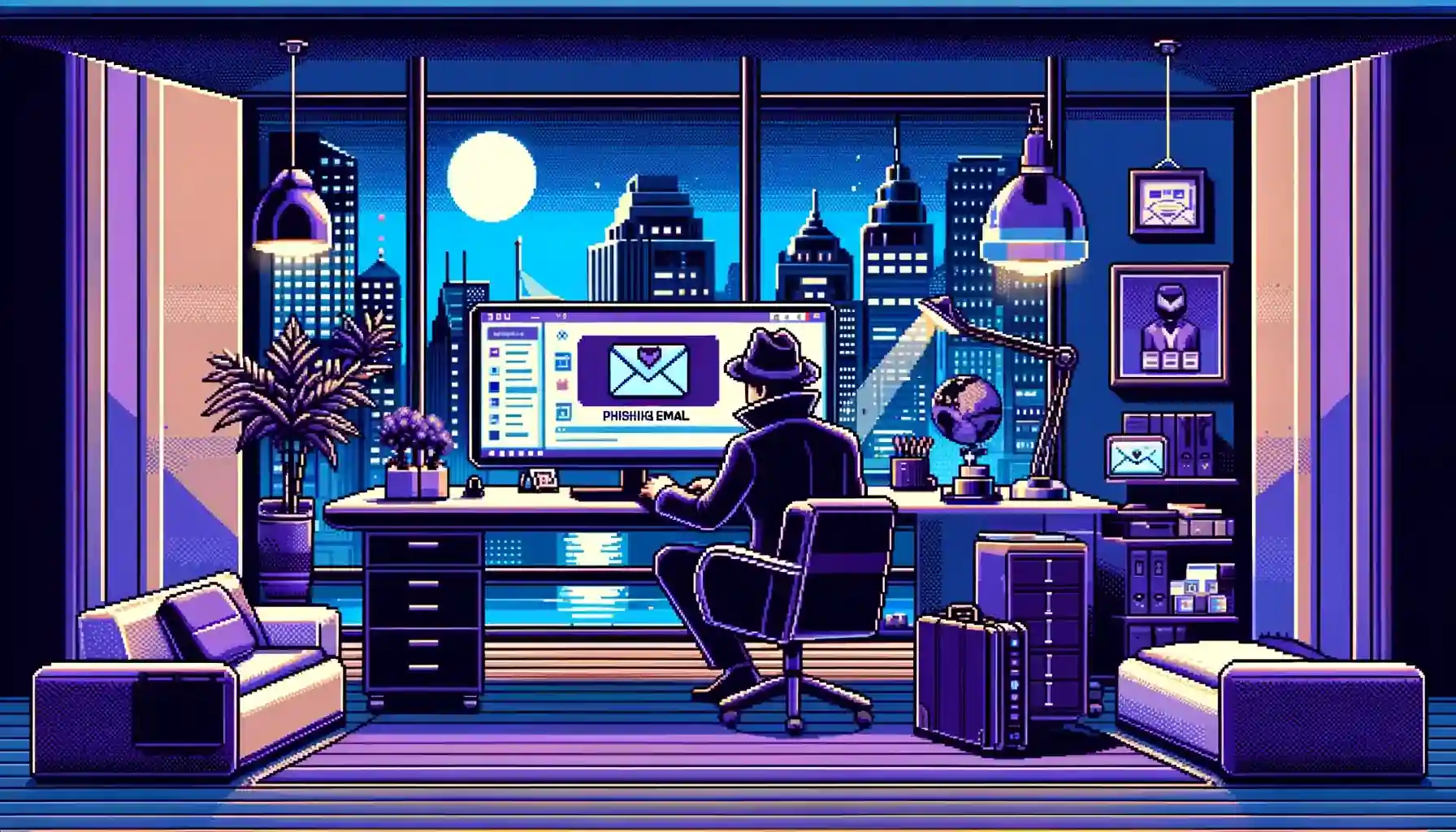 Pixel art illustration of a cyber attacker drafting a phishing email in a high-rise office.