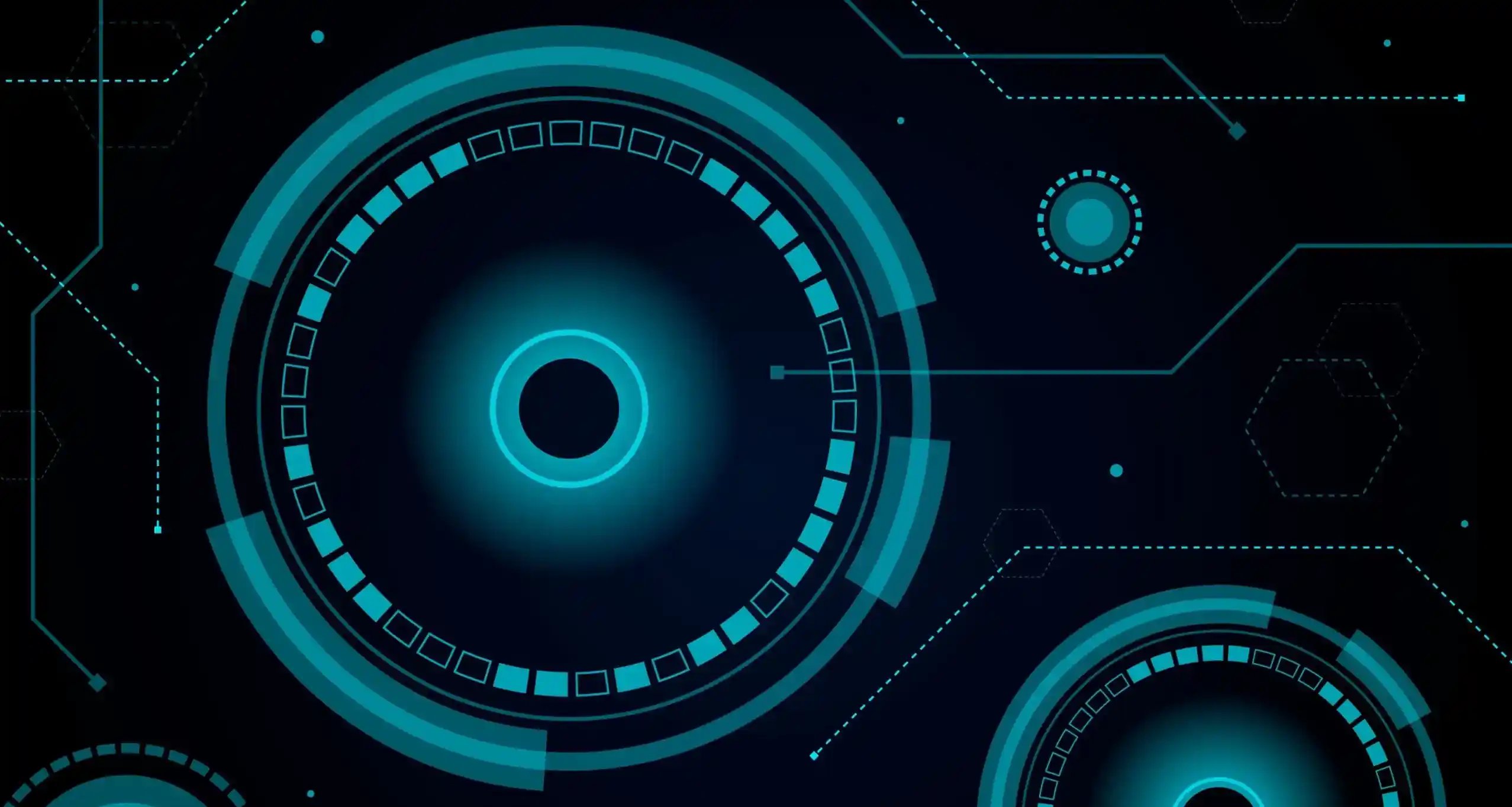 Abstract cyan HUD interface background with glowing target reticles.