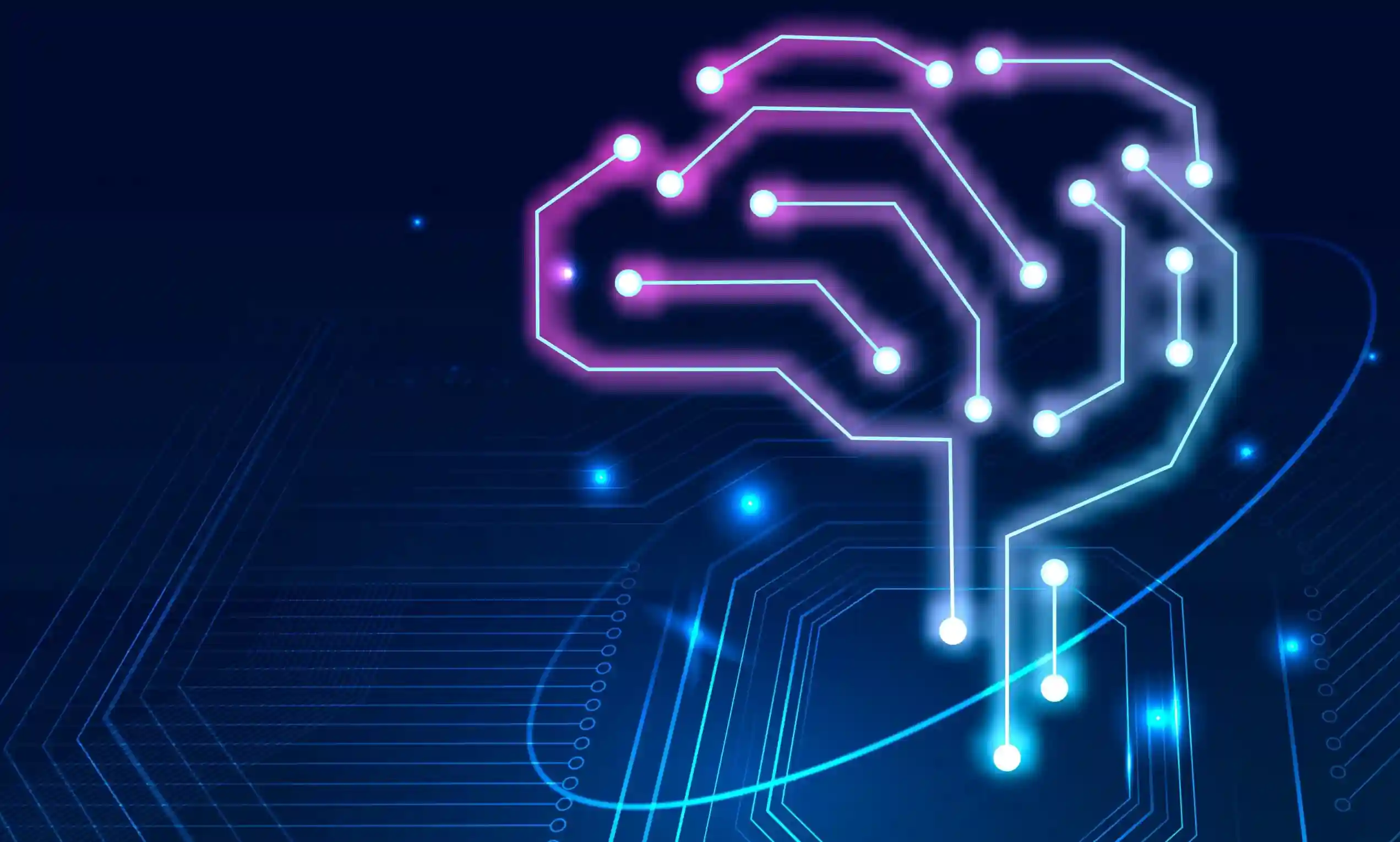 Glowing neon digital brain formed by circuit board traces.