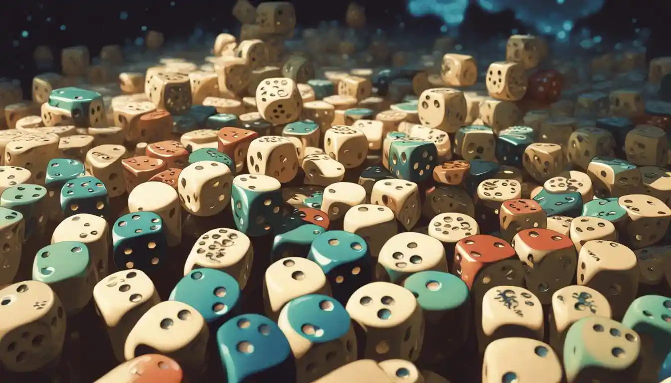 Concise (Best for web accessibility)  3D digital illustration of a dense field of multi-colored dice scattered across a dark surface, symbolizing probability, risk, or randomness.  Detailed (Best for context-rich descriptions)  Graphic artwork depicting a large, chaotic pile of rounded six-sided dice scattered across a dark background. The dice appear in various shades of cream, teal, terracotta orange, and dark blue, with some floating mid-air in the distance, representing themes of chance, encryption randomness, or risk assessment.  Short/Decorative (Best for quick labeling)  A dense collection of multi-colored dice scattered across a dark background.