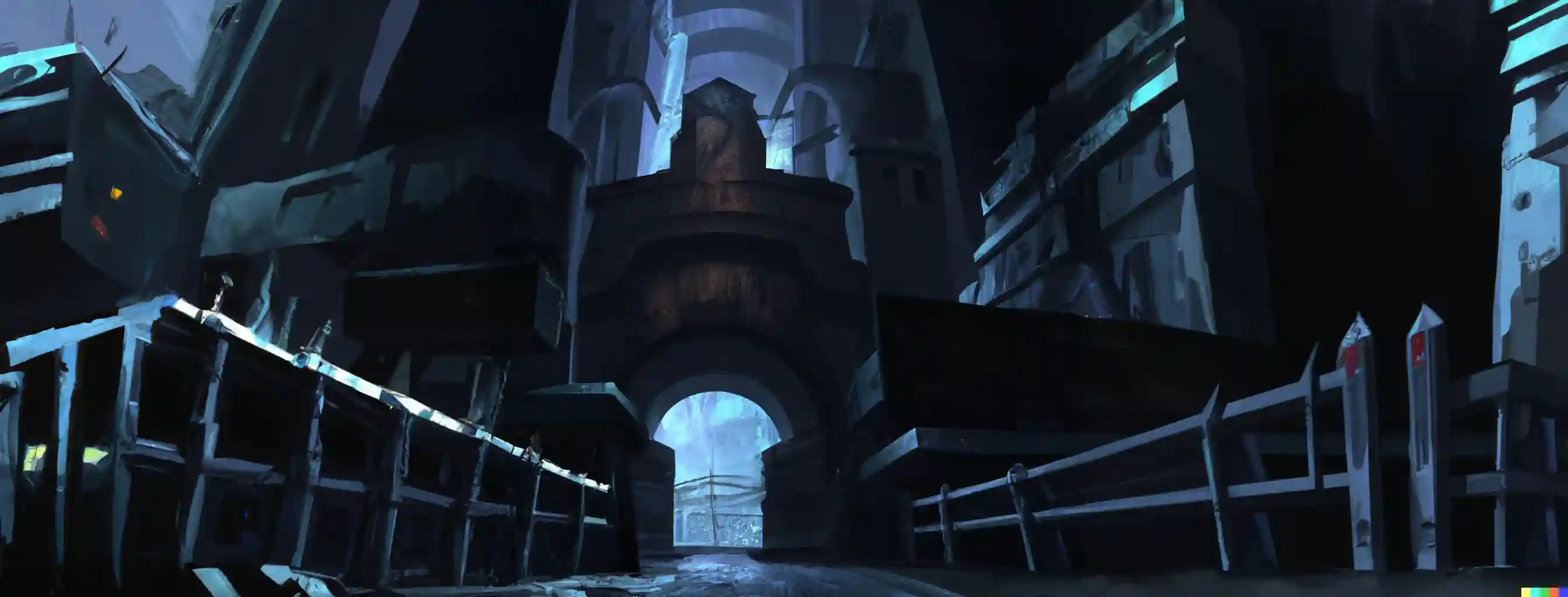 Concept artwork of a dark stone gateway leading to a glowing blue entrance.