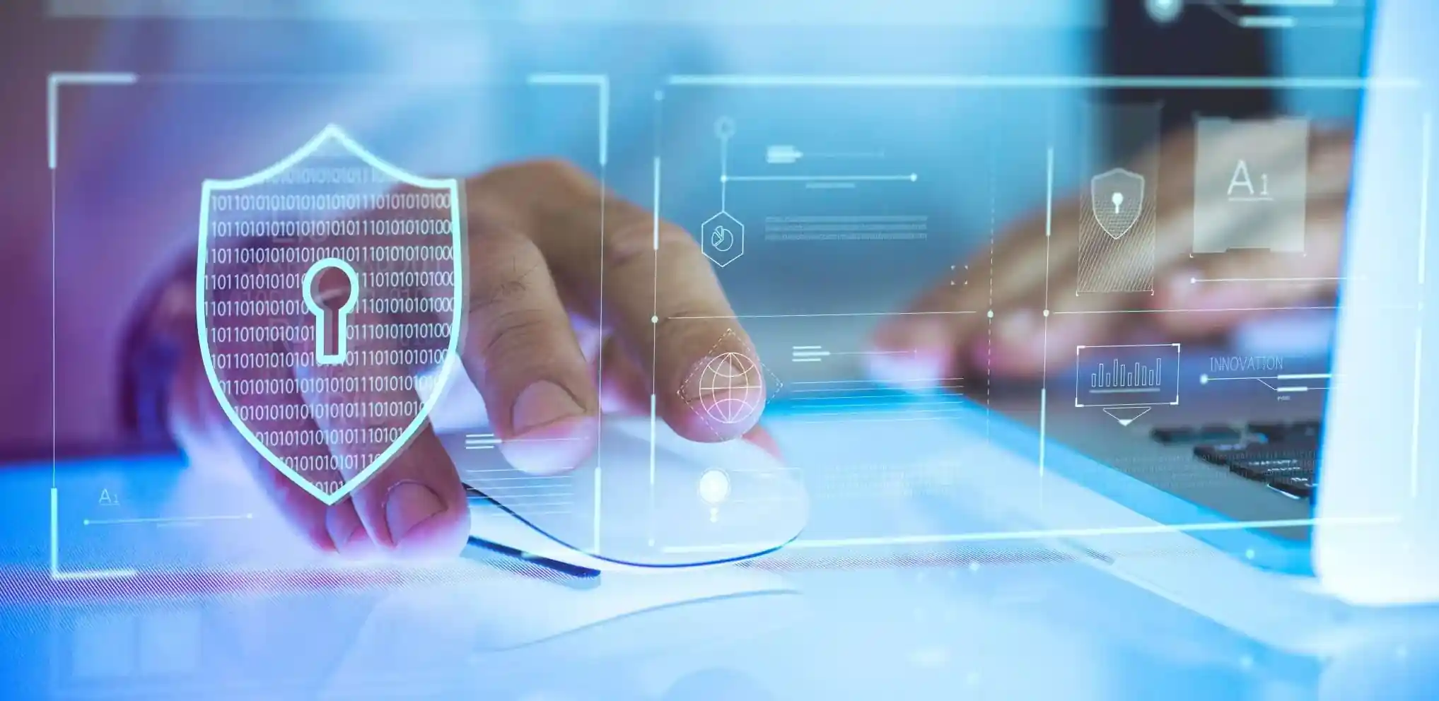 User operating a mouse with digital shield HUD graphics overlaid.