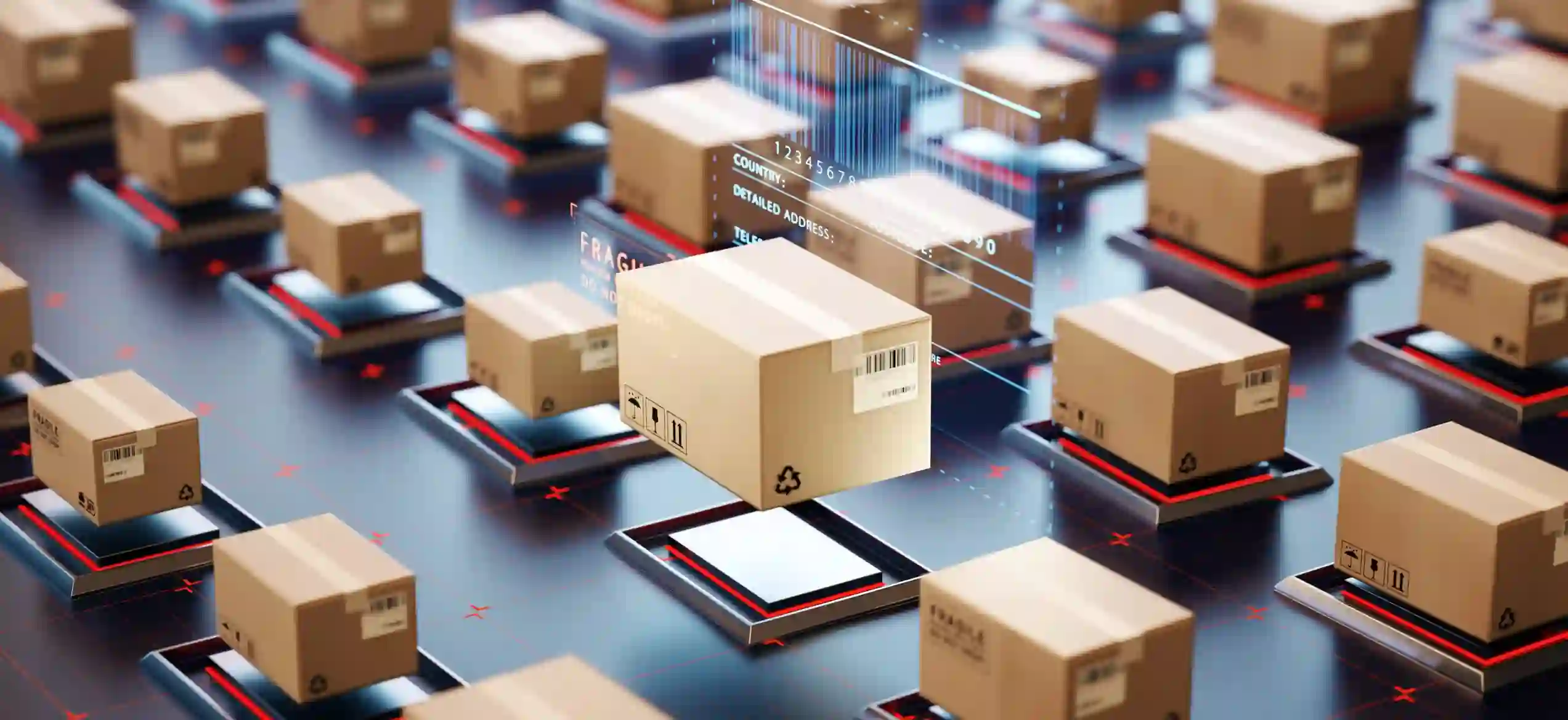 Automated warehouse grid scanning cardboard packages with holographic HUD overlays.