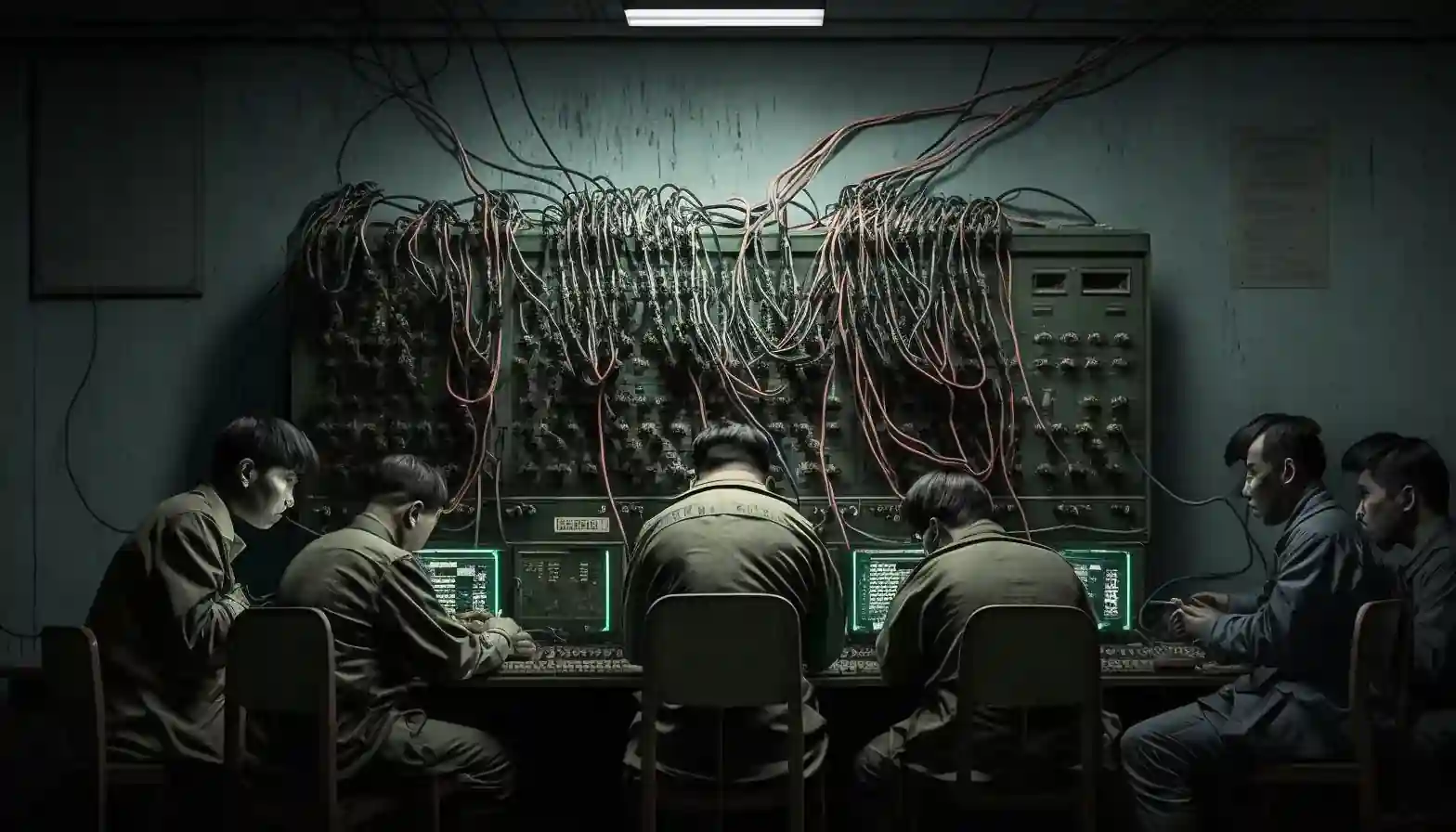 Cyber operators working at terminals beneath a large, tangled patch panel.