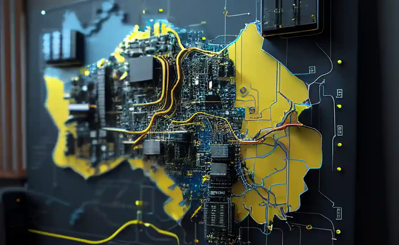 3D circuit board graphic shaped like the map of Ukraine in yellow and blue.