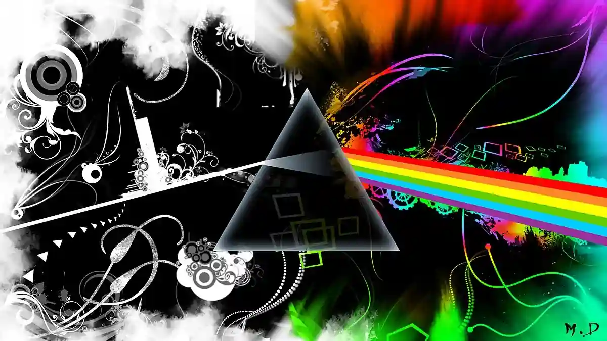 Artistic graphic rendition of the Pink Floyd prism with abstract colorful patterns.