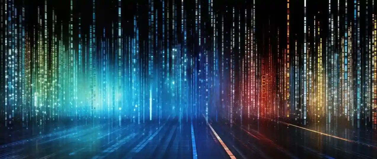 Abstract background of glowing multi-colored vertical digital data streams.