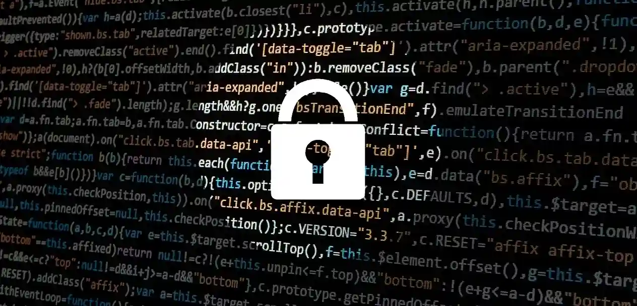 White padlock icon centered over lines of computer code.