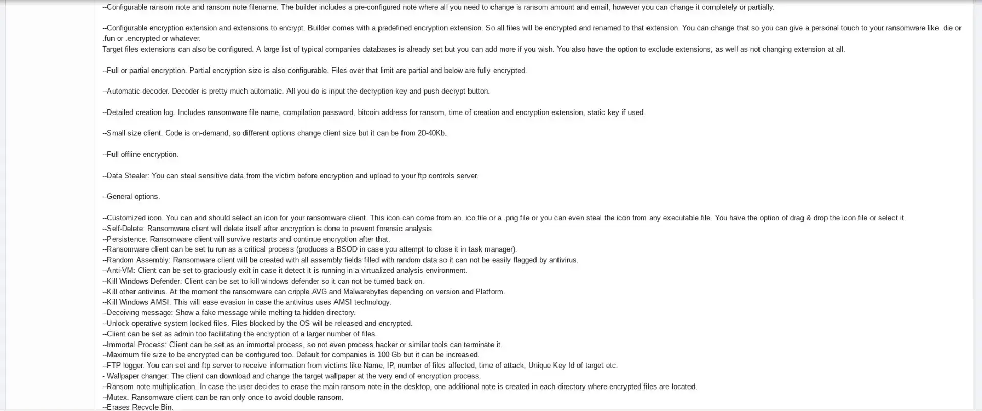 Screenshot of a forum post listing advanced Thanos ransomware builder features, including configurable encryption, data theft, anti-analysis capabilities, antivirus evasion, self-deletion, persistence, and ransom note customization.