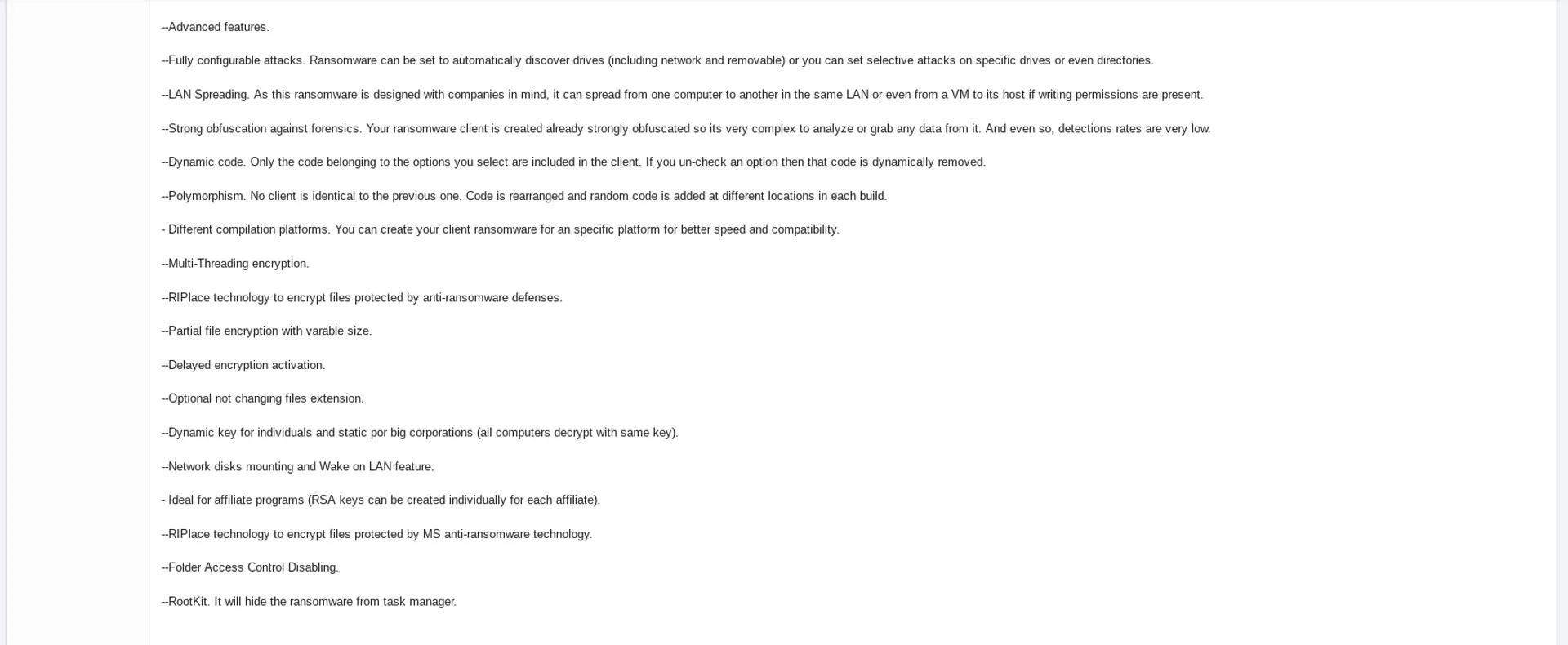 Screenshot of a forum post describing advanced Thanos ransomware features, including LAN spreading, obfuscation, polymorphic builds, multi-threaded and partial encryption, delayed activation, network-disk access, anti-ransomware evasion, and rootkit concealment.