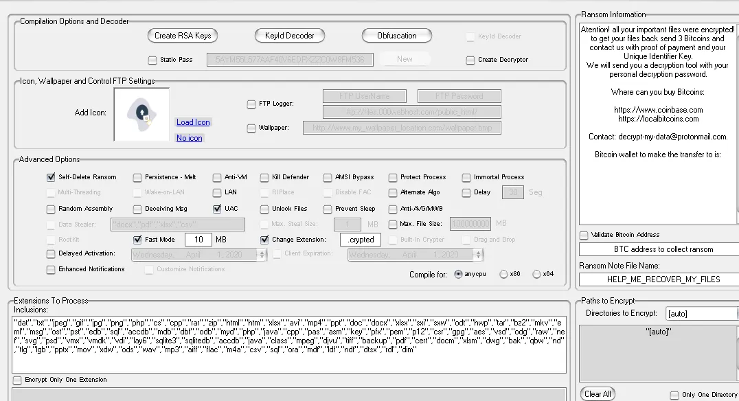 Screenshot of the 2020 Thanos ransomware builder interface, showing compilation and decryption controls, advanced options such as self-deletion, persistence, anti-VM and antivirus evasion, configurable file extensions, directories to encrypt, and a ransom note preview.