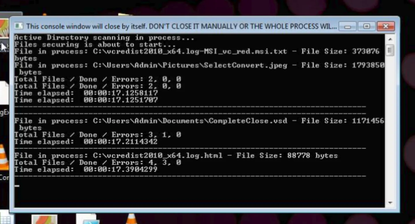 Screenshot of a Windows console window opened by Spook, displaying a “please wait” message and progress details for scanning and processing files, including file paths, sizes, elapsed time, and error counts.