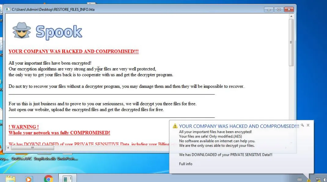 Screenshot of the Spook ransomware note in a Windows browser window, stating that a company was hacked, files were encrypted, sensitive data was downloaded, and three files could be decrypted for free. A desktop notification repeats the compromise warning.
