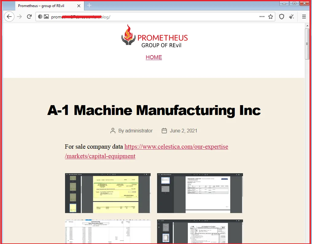 Screenshot of the Prometheus Group of REvil website displaying a post titled “A-1 Machine Manufacturing Inc,” dated June 2, 2021, advertising company data for sale and showing preview images of documents.