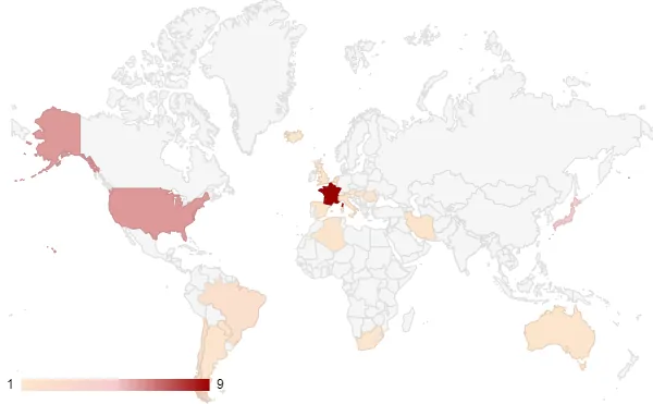 World map showing countries affected by known Spook ransomware campaigns, with France highlighted as the most impacted and the United States, Alaska, Japan, and several other countries shown with lower levels of impact on a scale from 1 to 9.