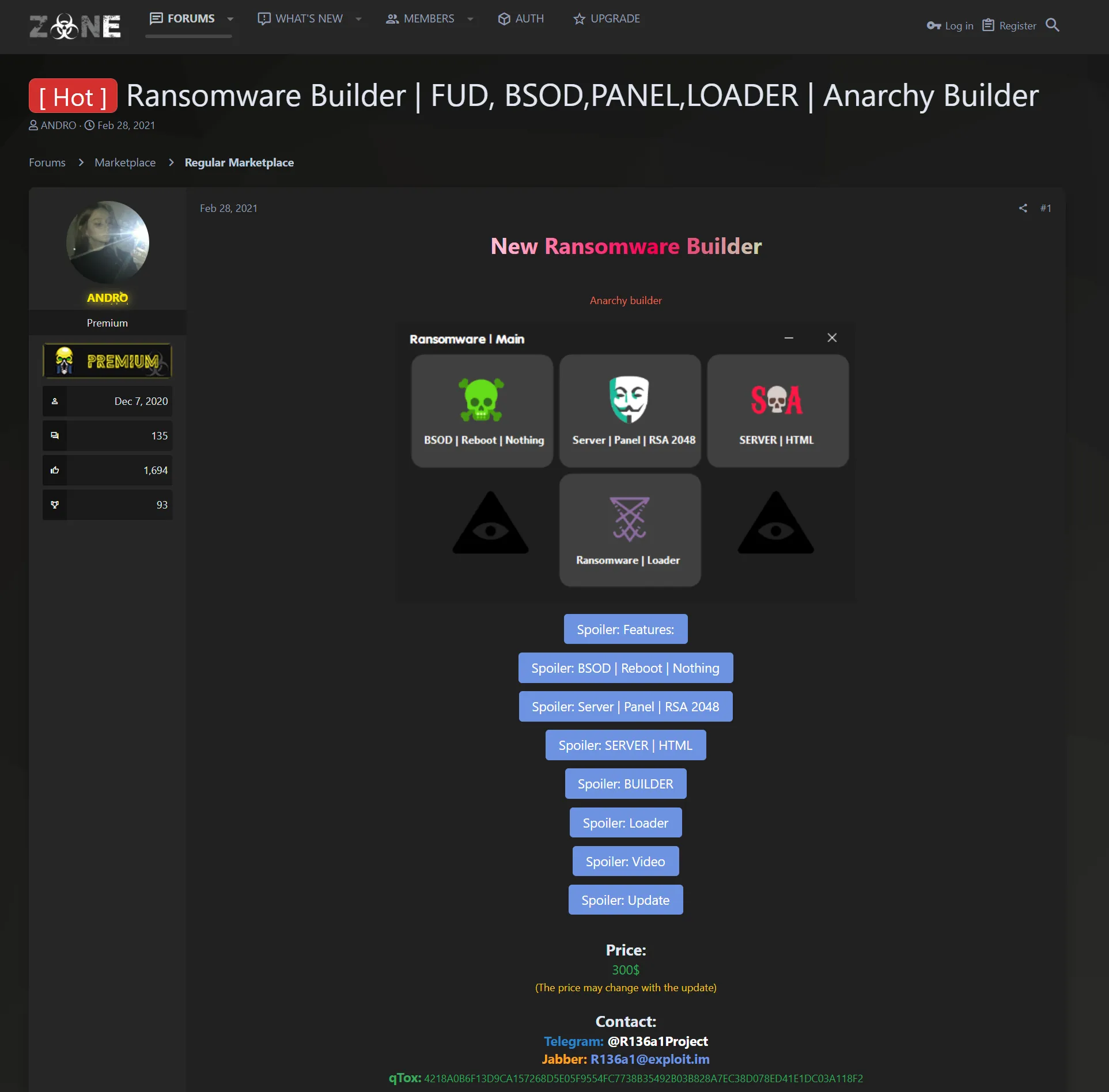Screenshot of a dark-themed hacking forum marketplace post advertising a “New Ransomware Builder” called Anarchy Builder, with feature panels for ransomware, server, panel, loader, and RSA encryption, plus a listed price and contact details.