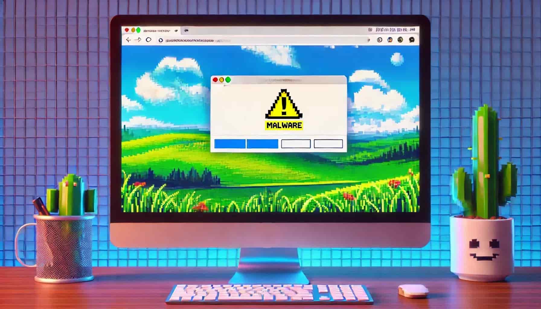 Illustration of a desktop computer displaying a warning window labeled “Malware” over a bright pixel-art landscape, with cactus plants on either side of the monitor.