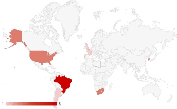 World map showing countries associated with Lapsus$ extortion attempts, with Brazil most heavily highlighted and other affected countries including the United States, United Kingdom, France, Japan, and South Africa, on a scale from 1 to 8.
