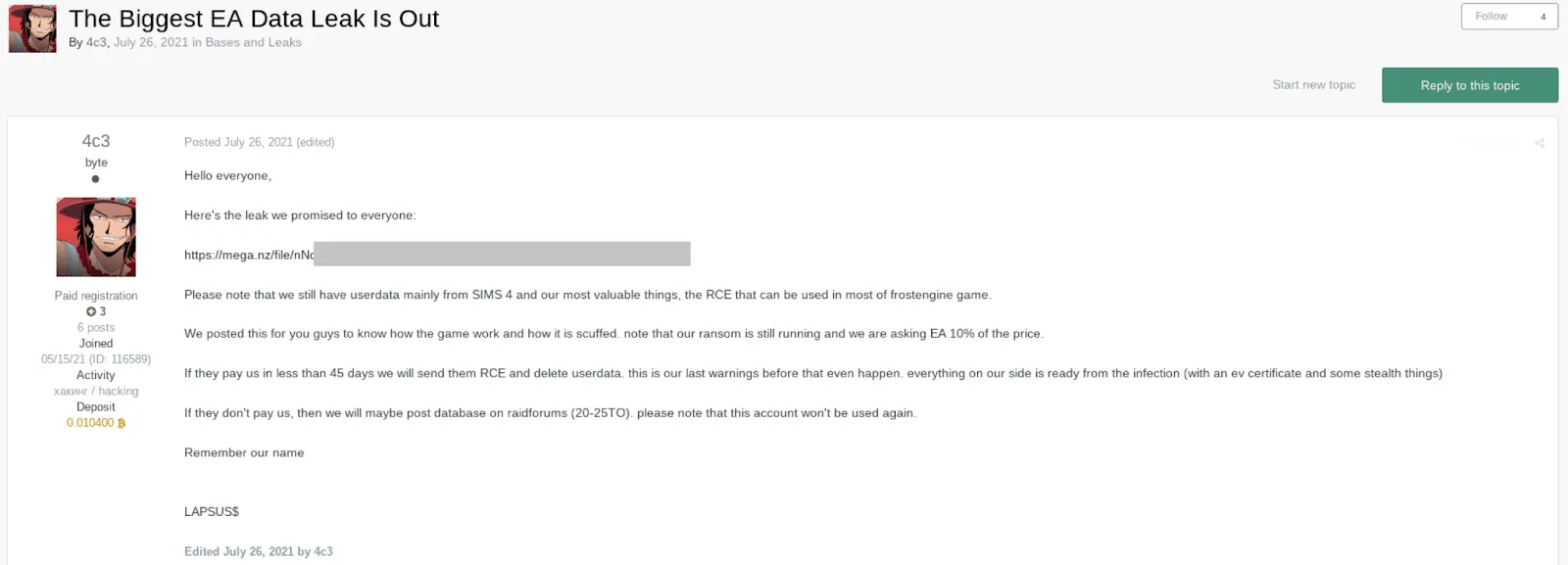 Screenshot of a forum post titled “The Biggest EA Data Leak Is Out,” in which the poster claims responsibility for an Electronic Arts data leak, describes a ransom demand, and signs off as LAPSUS$.