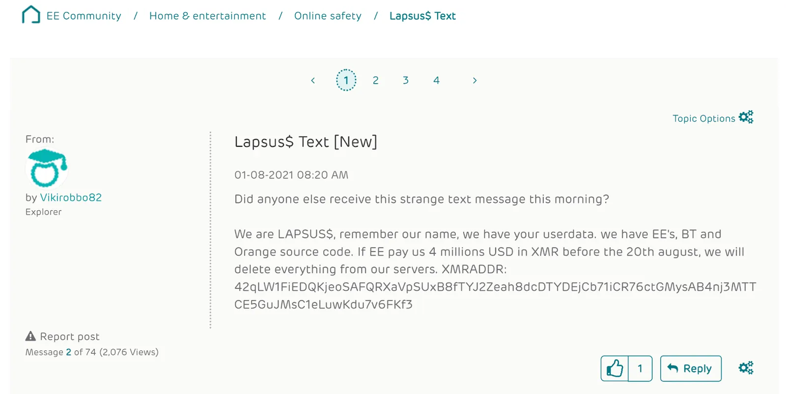 Screenshot of an EE Community forum post titled “Lapsus$ Text [New],” dated 1 August 2021, in which Lapsus$ claims to possess EE, BT, and Orange source code and demands 4 million USD in cryptocurrency to delete the data.