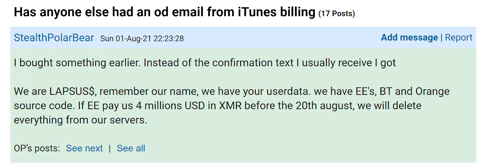 Screenshot of a forum thread titled “Has anyone else had an odd email from iTunes billing,” showing a post that reproduces a Lapsus$ extortion message claiming access to EE, BT, and Orange source code and demanding payment in cryptocurrency.