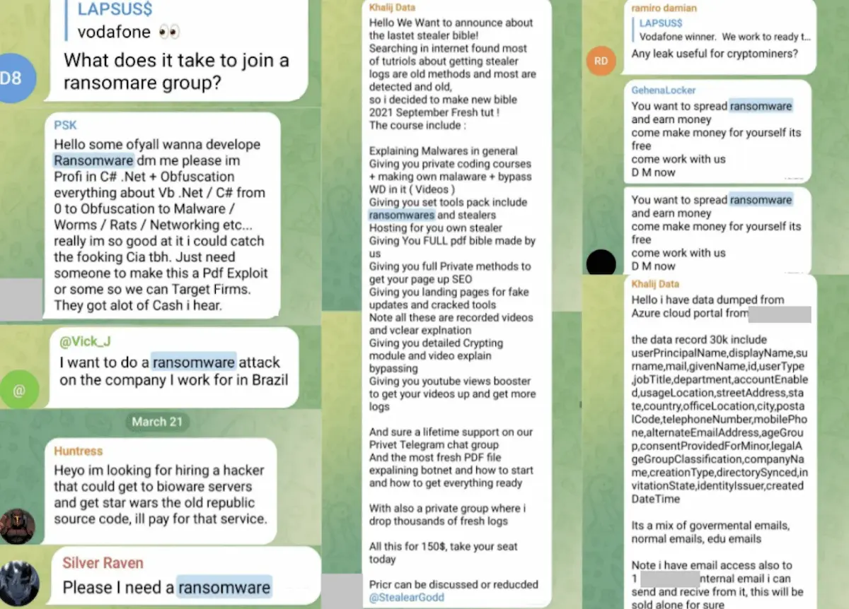 Collage of Telegram conversations linked to Lapsus$, showing discussions about ransomware recruitment, malware services, targeted attacks, data theft, and extortion.